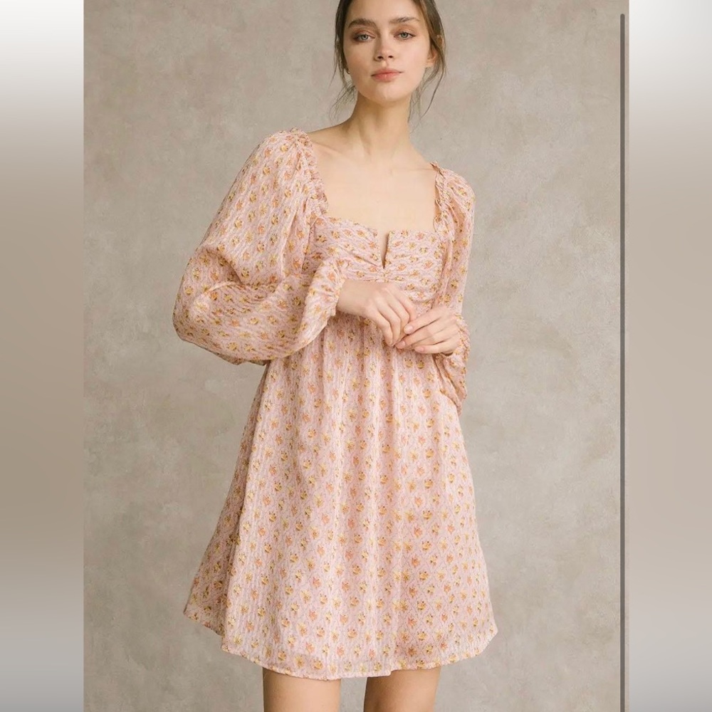 Storia Yellow Rose Pink Floral Mini Dress